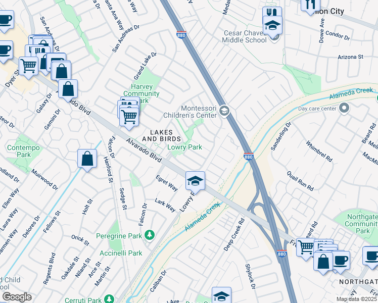 map of restaurants, bars, coffee shops, grocery stores, and more near 33180 Lake Oneida Street in Fremont