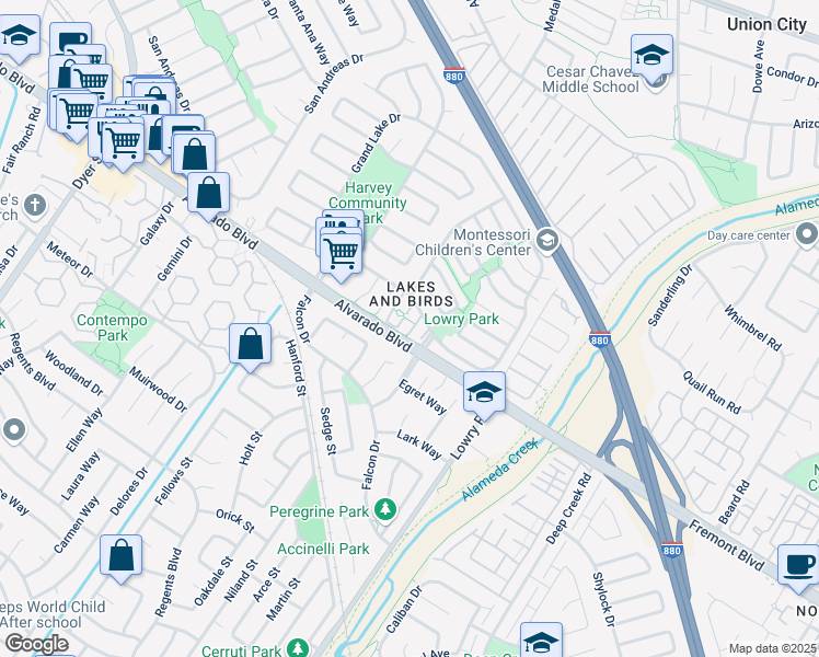 map of restaurants, bars, coffee shops, grocery stores, and more near 3963 Lake Woodland Common in Fremont
