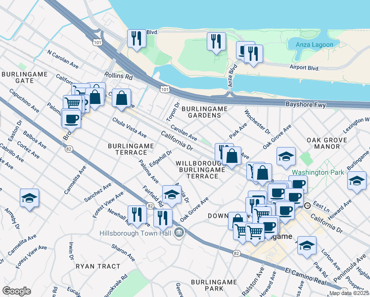 map of restaurants, bars, coffee shops, grocery stores, and more near 840 Edgehill Drive in Burlingame