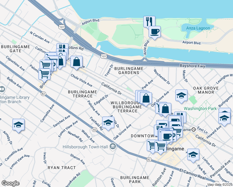 map of restaurants, bars, coffee shops, grocery stores, and more near 840 Edgehill Drive in Burlingame