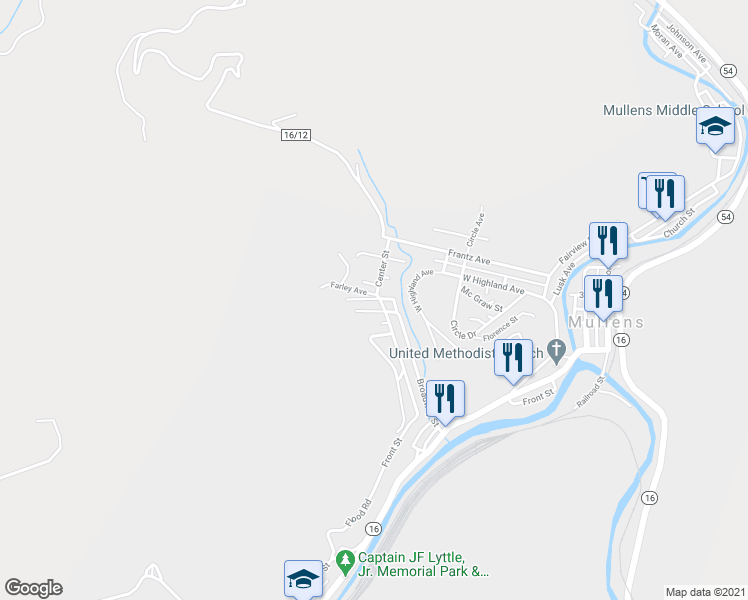 map of restaurants, bars, coffee shops, grocery stores, and more near 922 McKinney Street in Mullens