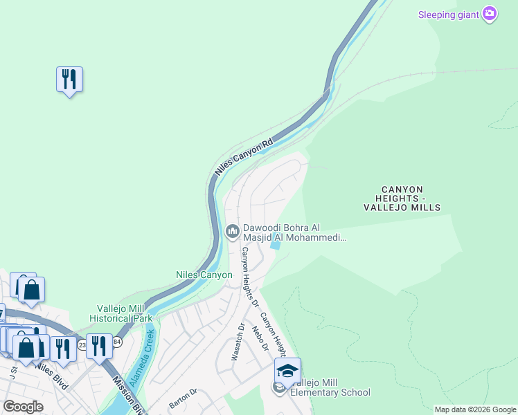 map of restaurants, bars, coffee shops, grocery stores, and more near 38061 Canyon Heights Drive in Fremont
