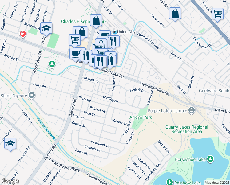 map of restaurants, bars, coffee shops, grocery stores, and more near 2230 Mann Avenue in Union City