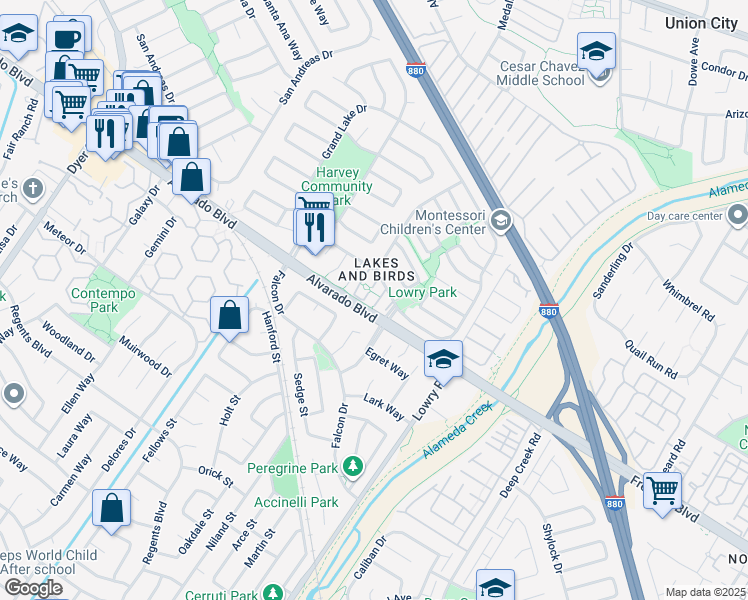 map of restaurants, bars, coffee shops, grocery stores, and more near 3963 Lake Woodland Common in Fremont