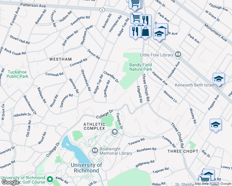 map of restaurants, bars, coffee shops, grocery stores, and more near 501 Chandler Circle in Richmond
