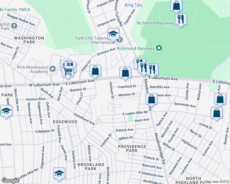 map of restaurants, bars, coffee shops, grocery stores, and more near 3905 Delmont Street in Richmond