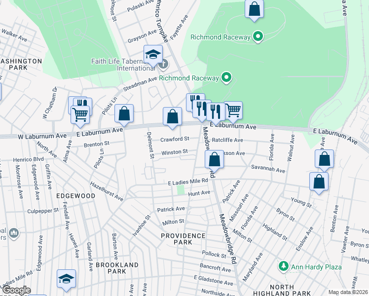 map of restaurants, bars, coffee shops, grocery stores, and more near 400 Winston Street in Richmond