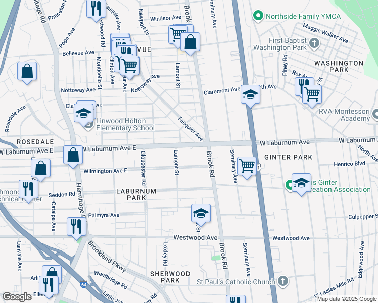 map of restaurants, bars, coffee shops, grocery stores, and more near 1209 West Laburnum Avenue in Richmond