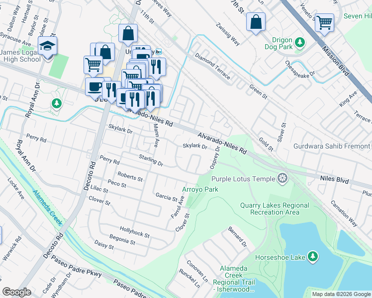 map of restaurants, bars, coffee shops, grocery stores, and more near 34915 Skylark Drive in Union City