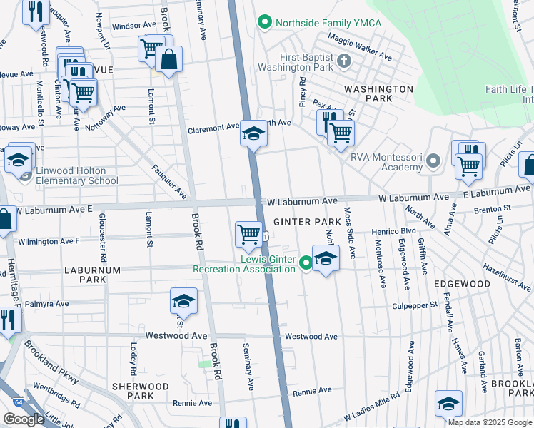 map of restaurants, bars, coffee shops, grocery stores, and more near 3617 Chamberlayne Avenue in Richmond