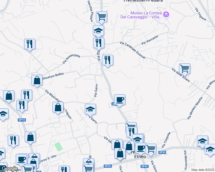 map of restaurants, bars, coffee shops, grocery stores, and more near 383 Via Etnea in Tremestieri Etneo