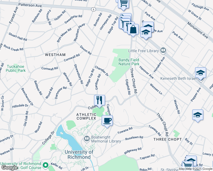 map of restaurants, bars, coffee shops, grocery stores, and more near 501 Chandler Circle in Richmond