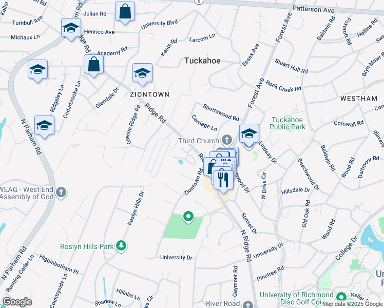 map of restaurants, bars, coffee shops, grocery stores, and more near 8104 Greystone East Circle in Richmond