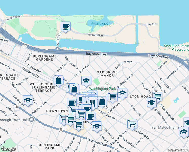 map of restaurants, bars, coffee shops, grocery stores, and more near 453 Chatham Road in Burlingame