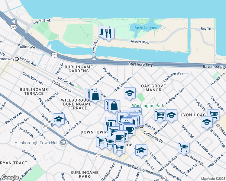 map of restaurants, bars, coffee shops, grocery stores, and more near 904 Oak Grove Ave in Burlingame
