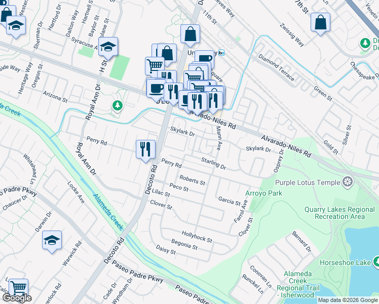 map of restaurants, bars, coffee shops, grocery stores, and more near 34655 Skylark Drive in Union City