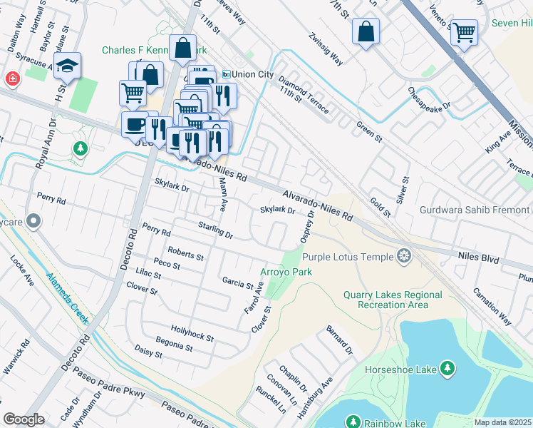 map of restaurants, bars, coffee shops, grocery stores, and more near 34915 Skylark Drive in Union City
