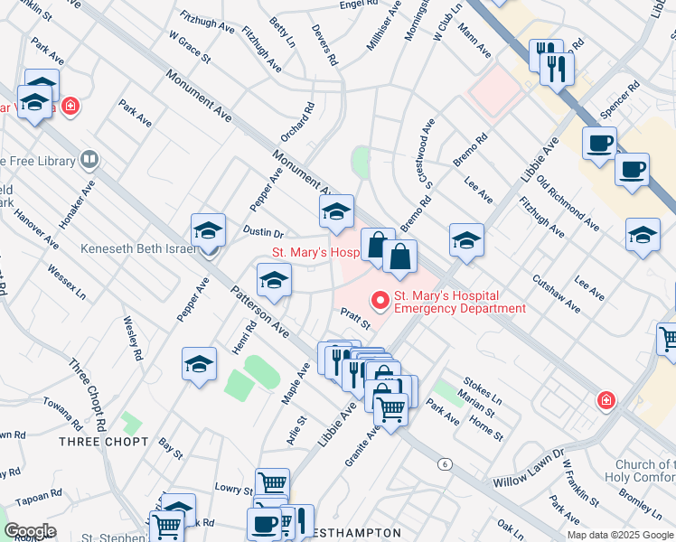 map of restaurants, bars, coffee shops, grocery stores, and more near 1305 Maple Avenue in Richmond