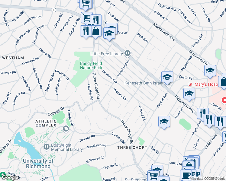 map of restaurants, bars, coffee shops, grocery stores, and more near 6523 Wessex Lane in Richmond