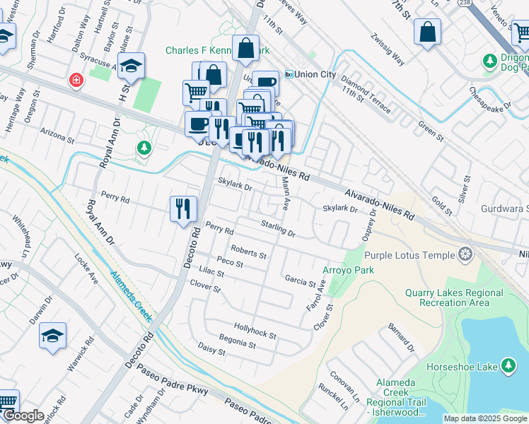 map of restaurants, bars, coffee shops, grocery stores, and more near 2263 Peacock Place in Union City