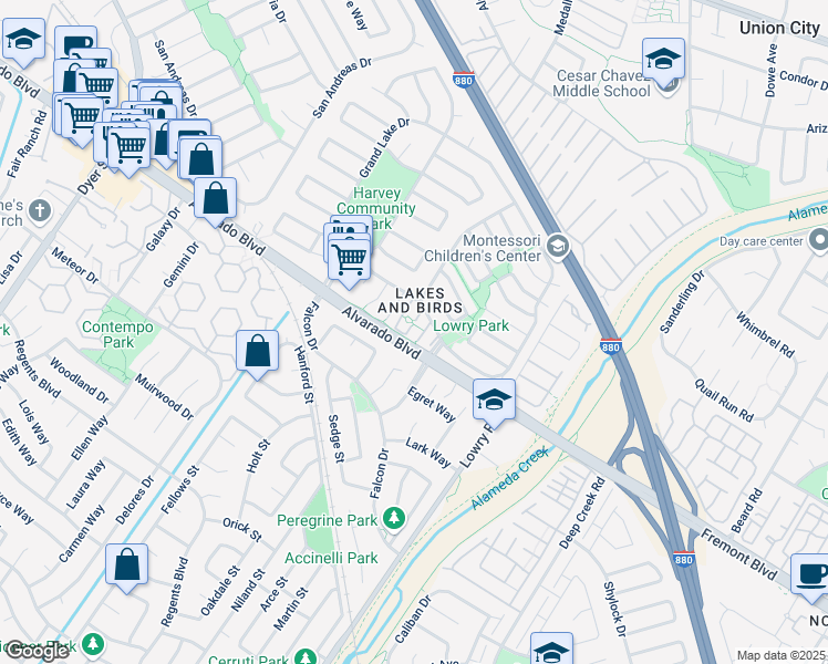 map of restaurants, bars, coffee shops, grocery stores, and more near 3963 Lake Woodland Common in Fremont