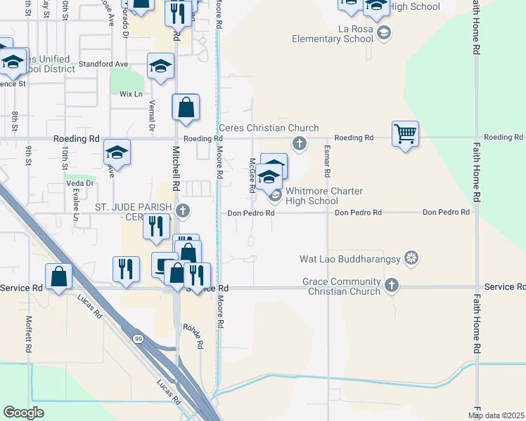 map of restaurants, bars, coffee shops, grocery stores, and more near 3460 Don Pedro Road in Ceres