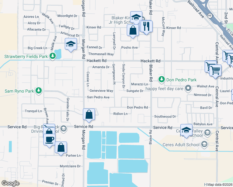 map of restaurants, bars, coffee shops, grocery stores, and more near 1500 Sungate Court in Ceres