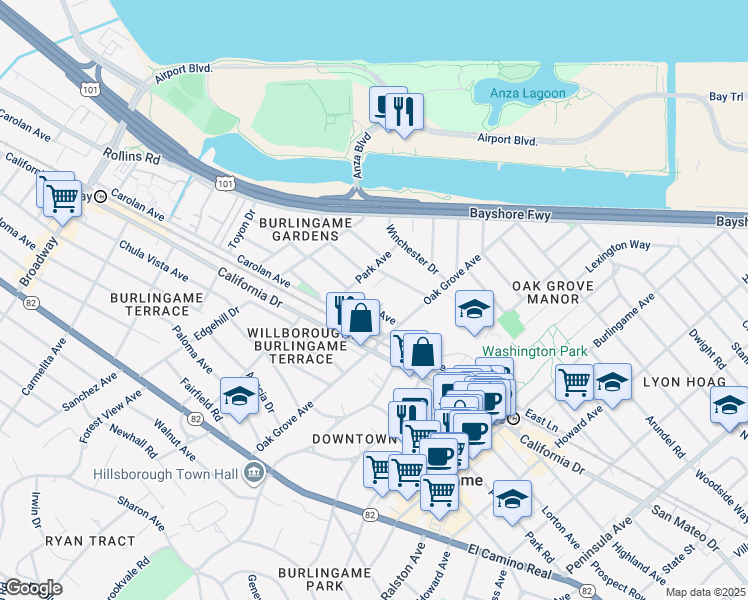 map of restaurants, bars, coffee shops, grocery stores, and more near 724 Linden Avenue in Burlingame