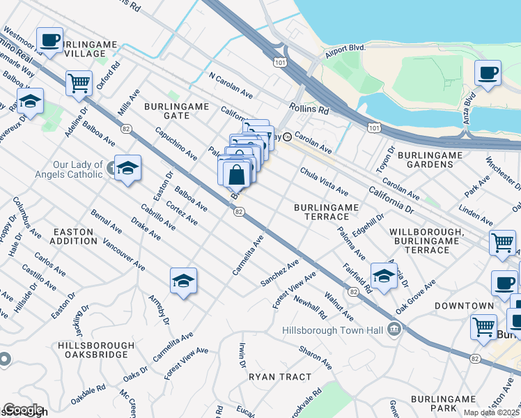 map of restaurants, bars, coffee shops, grocery stores, and more near 1109 Capuchino Avenue in Burlingame