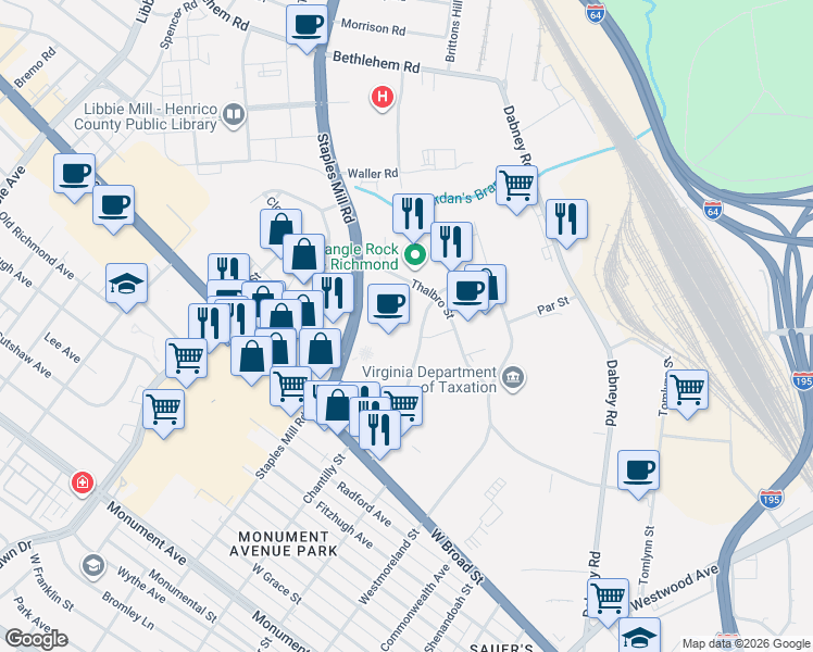 map of restaurants, bars, coffee shops, grocery stores, and more near 2015 Staples Mill Road in Richmond