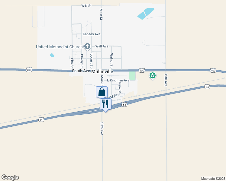 map of restaurants, bars, coffee shops, grocery stores, and more near 201-219 South Walnut Street in Mullinville