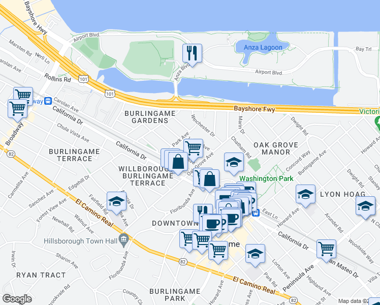 map of restaurants, bars, coffee shops, grocery stores, and more near 724 Linden Avenue in Burlingame
