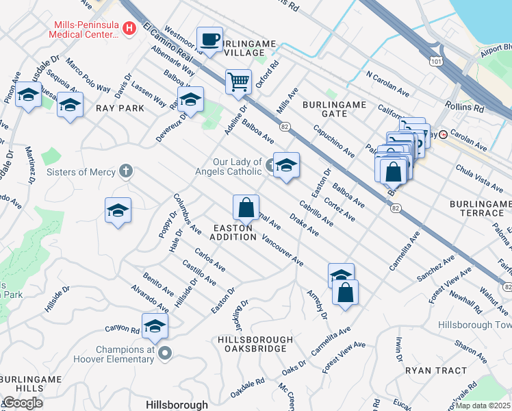 map of restaurants, bars, coffee shops, grocery stores, and more near 1372 Bernal Ave in Burlingame