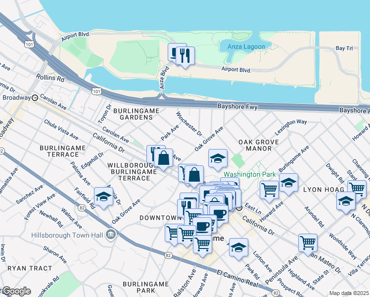 map of restaurants, bars, coffee shops, grocery stores, and more near 711 Laurel Avenue in Burlingame