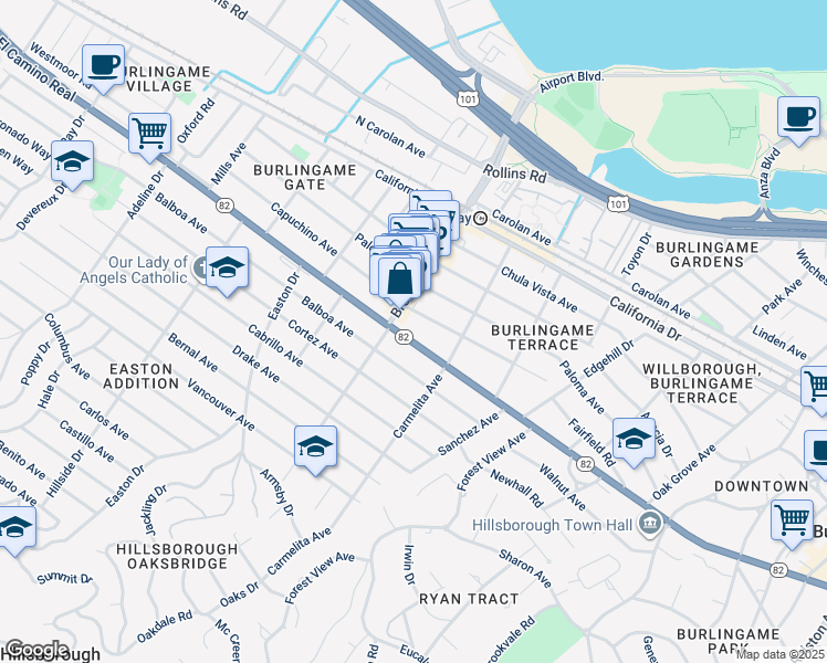 map of restaurants, bars, coffee shops, grocery stores, and more near 1140 El Camino Real in Burlingame