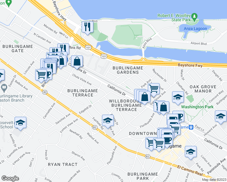 map of restaurants, bars, coffee shops, grocery stores, and more near 848 Edgehill Drive in Burlingame