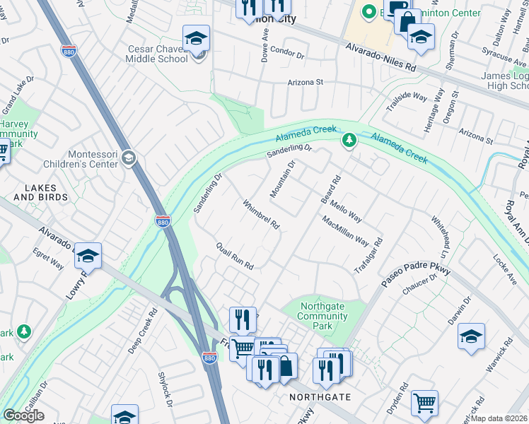 map of restaurants, bars, coffee shops, grocery stores, and more near 33646 Whimbrel Road in Fremont
