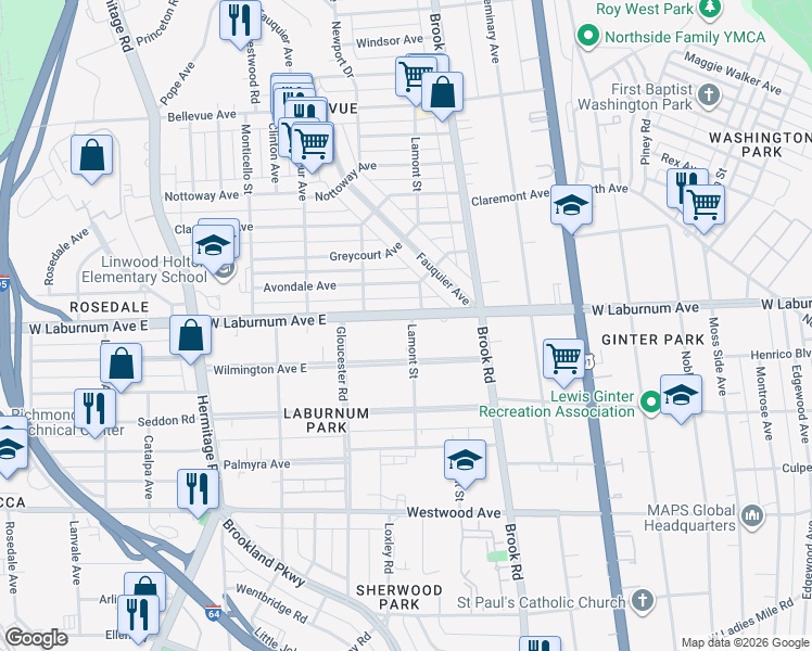 map of restaurants, bars, coffee shops, grocery stores, and more near 1401 West Laburnum Avenue in Richmond