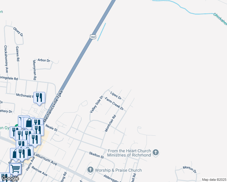 map of restaurants, bars, coffee shops, grocery stores, and more near 2810 Lipes Drive in Richmond