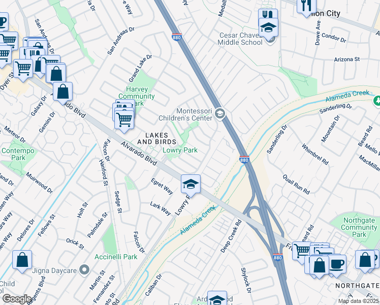 map of restaurants, bars, coffee shops, grocery stores, and more near 33180 Lake Oneida Street in Fremont