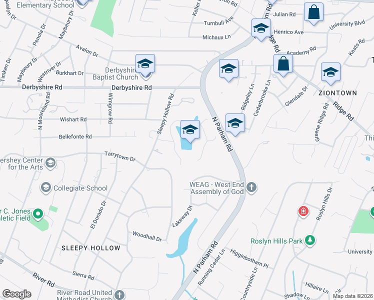 map of restaurants, bars, coffee shops, grocery stores, and more near 590 Raleigh Manor Road in Henrico