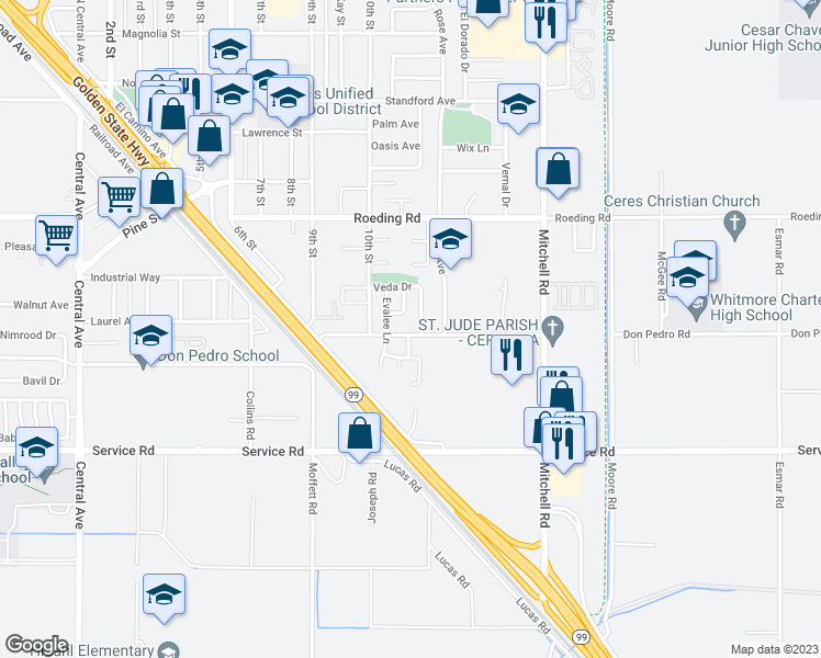 map of restaurants, bars, coffee shops, grocery stores, and more near 2725 Don Pedro Road in Ceres