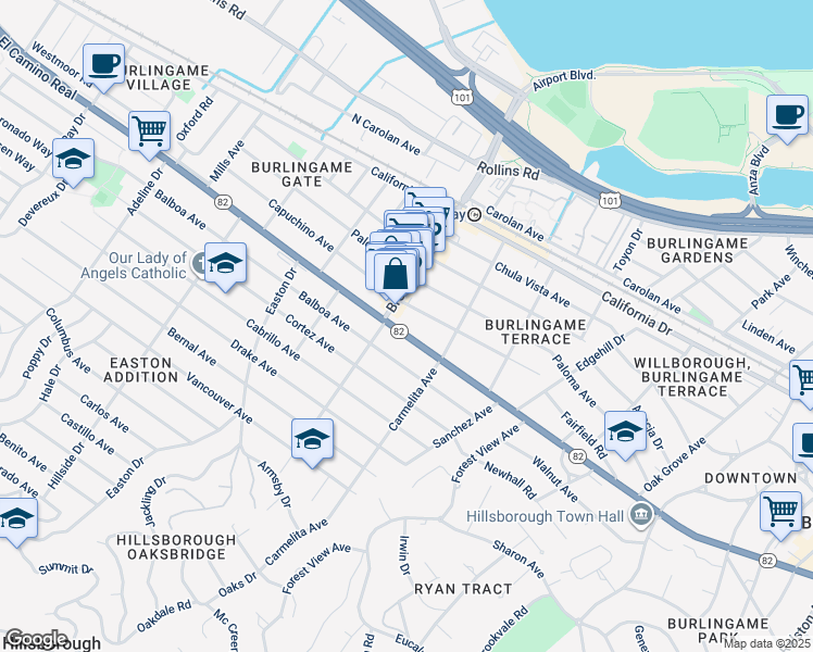 map of restaurants, bars, coffee shops, grocery stores, and more near 1140 El Camino Real in Burlingame