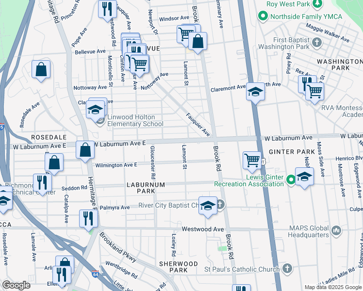 map of restaurants, bars, coffee shops, grocery stores, and more near 1401 West Laburnum Avenue in Richmond