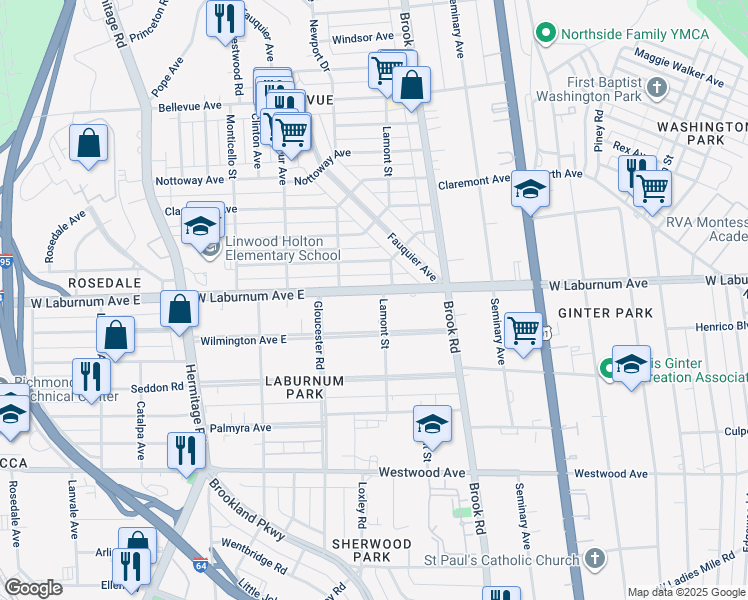 map of restaurants, bars, coffee shops, grocery stores, and more near 1403 West Laburnum Avenue in Richmond