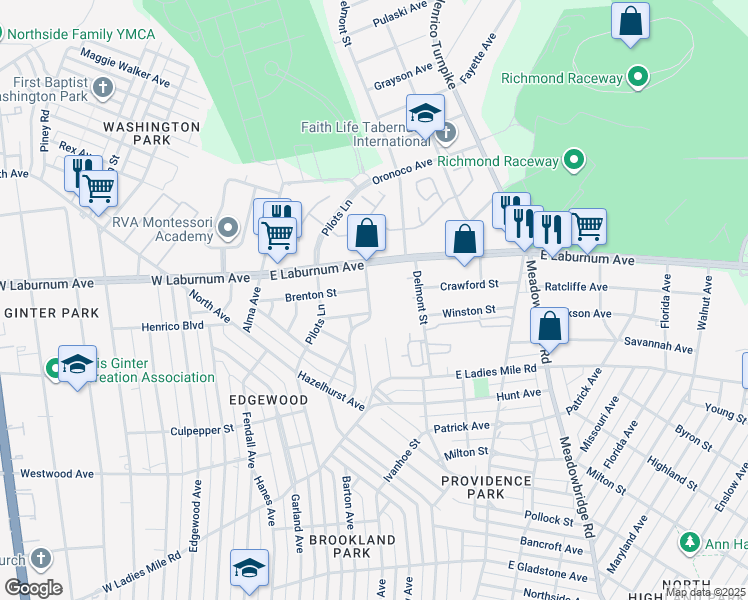 map of restaurants, bars, coffee shops, grocery stores, and more near 3619 Conway Street in Richmond