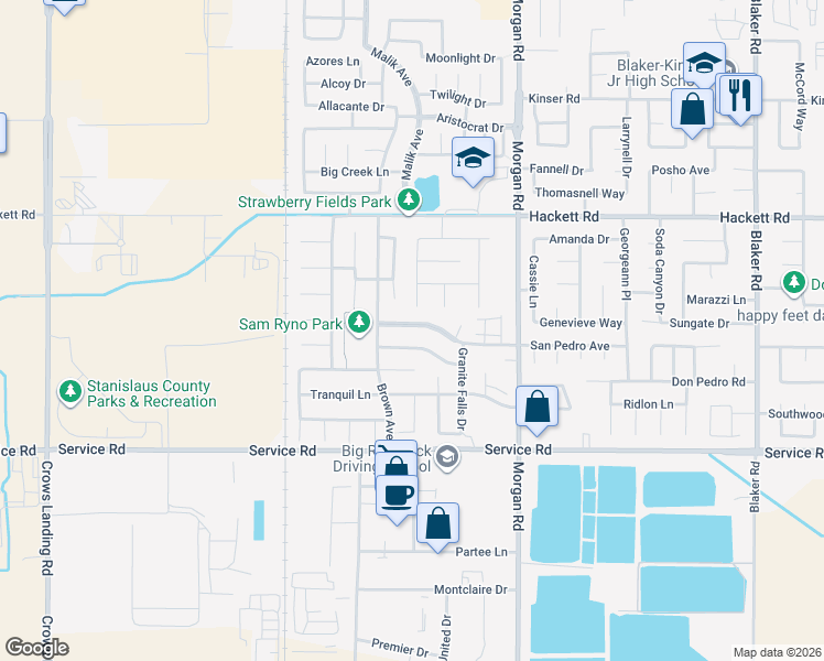 map of restaurants, bars, coffee shops, grocery stores, and more near 1070 San Pedro Avenue in Ceres