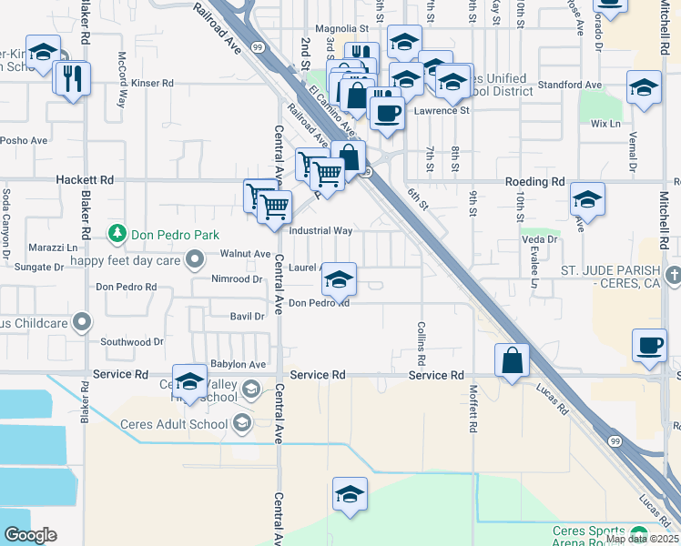 map of restaurants, bars, coffee shops, grocery stores, and more near 2306 Laurel Avenue in Ceres