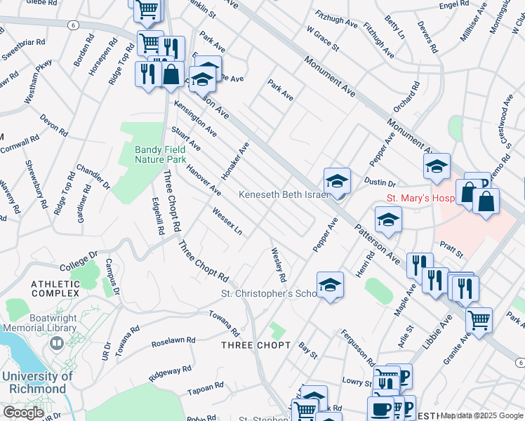 map of restaurants, bars, coffee shops, grocery stores, and more near 6503 Stuart Ave in Richmond