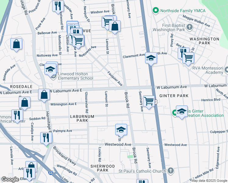 map of restaurants, bars, coffee shops, grocery stores, and more near 1209 West Laburnum Avenue in Richmond